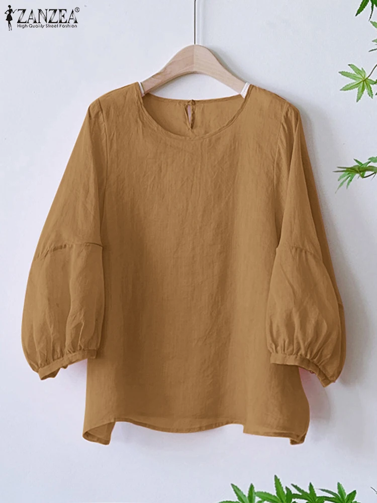 ZANZEA Lantern Sleeve Women\'s Blouses 2025 Spring Summer Loose Casual Solid Blusas Mujer Vintage O Neck 3/4 Sleeve Smock Tops