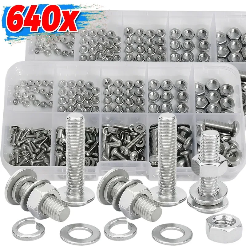 Kit surtido de tuercas y pernos de acero inoxidable, tapa redonda cruzada, pernos de tornillo de Metal, juego de arandelas planas, accesorios de Hardware de varios tamaños