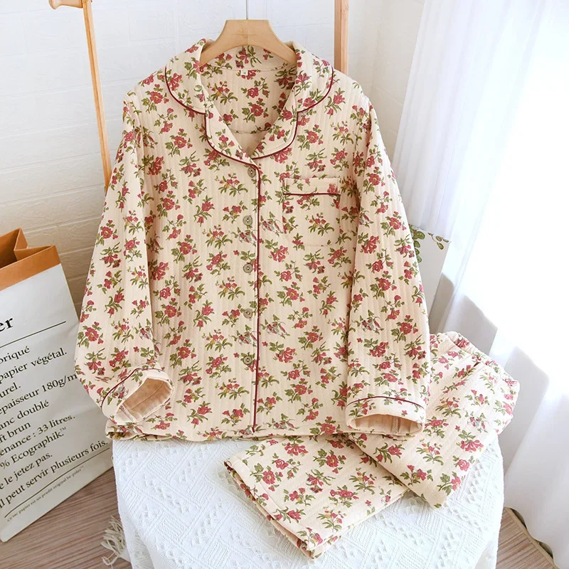 

2023 New Women's Spring and Autumn Pajama Set 100% Cotton Jacquard Long Sleeve Two Piece Simple Cardigan Home Furnishing