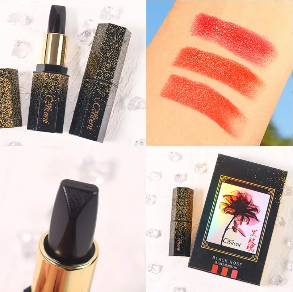 Black Rose Diamond Section 3 colors in 1 Attraction Lipstick Temperature Magic Color Change Velvet Waterproof Longlasting T2256