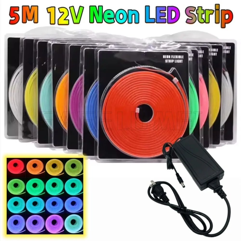 12V Neon LED Strip With Power 2835 120LEDs/m Waterproof Orange White Red Green Blue Pink Yellow Flexible Tape for Home Decor 5M