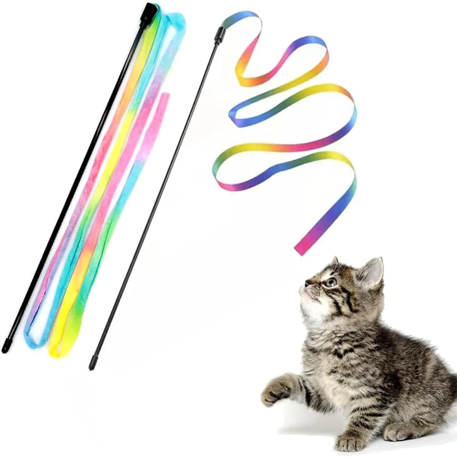 Interactive Cat Rainbow Wand Toys, Interactive Cat Teaser Wand String, Colorful Ribbon Charmer for Most Cats - 2 PCS