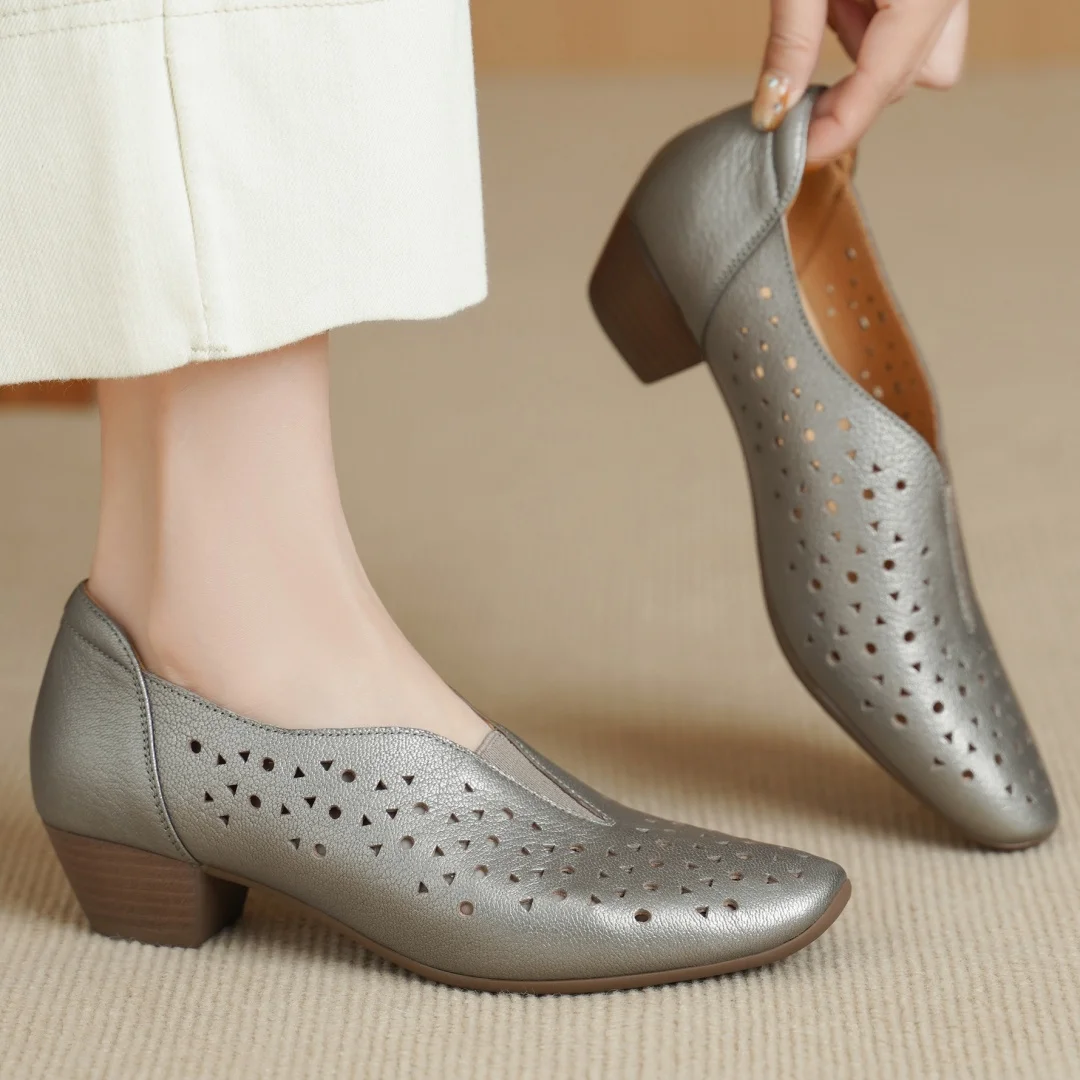 

Flokathy women's hollow-out sheepskin square toe slip-on pumps 4m thick med heel OL style soft comfortable summer heels shoes 40