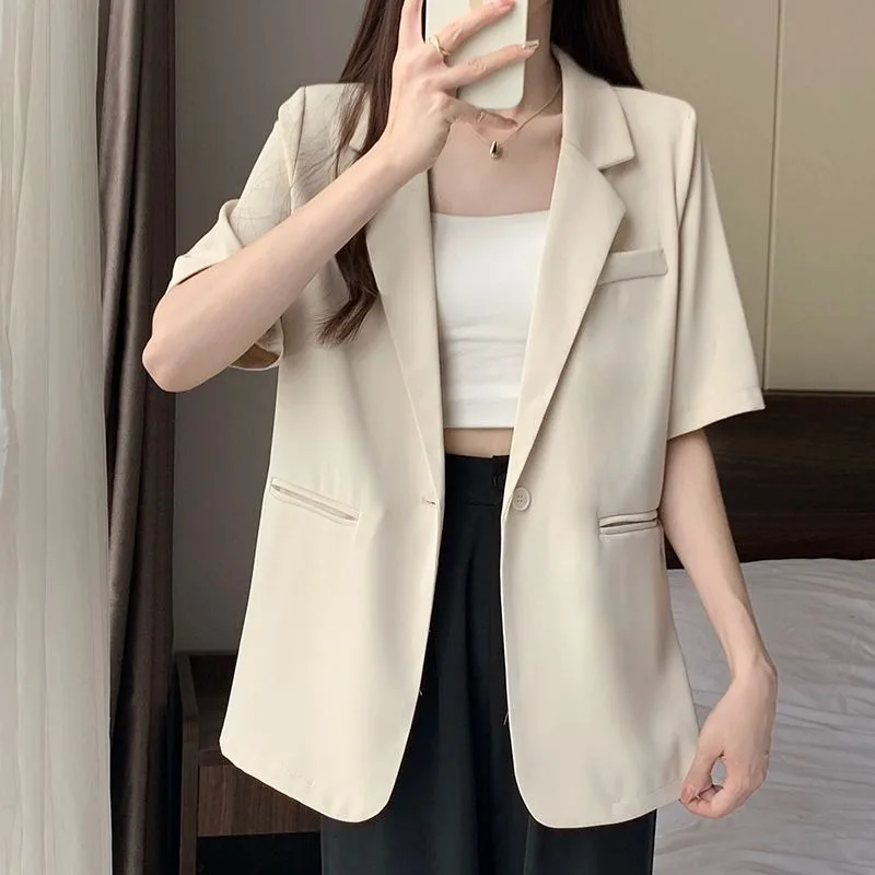 Blazers monocromáticos de media manga para mujer, un solo botón, sueltos, simples, elegantes, de oficina, estilo coreano, combinan con todo, finos, temperamento de ocio