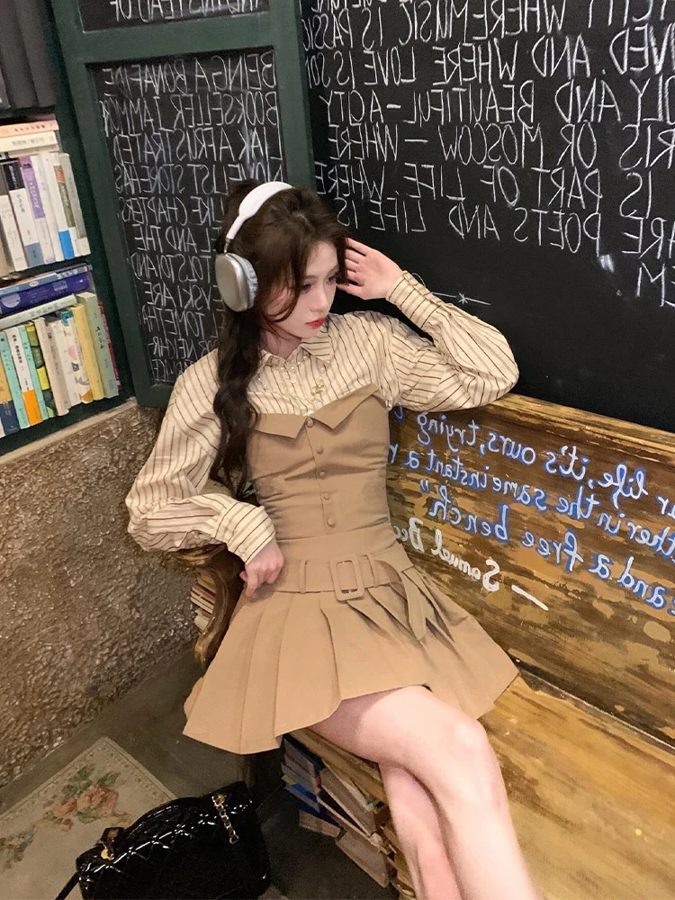 

Syj Shuyijia plus Size Striped Shirt And Short Skirt Set Slimming High Waist A-Line Dress Korean Style Commute Fashion