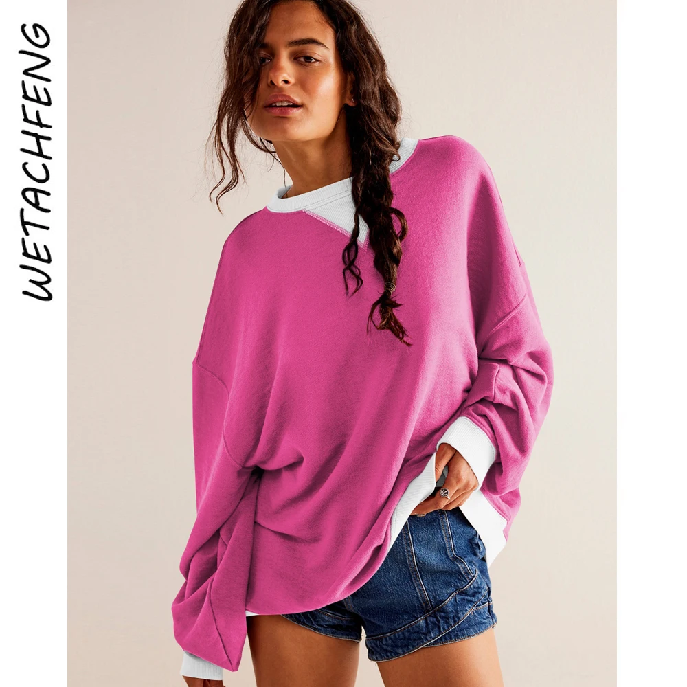 

Streetwear Patchwork Long Sleeve Ribbed Sweatshirts Top Loose Casual Off Shoulder Round Neck Hoodie Jacket Spring Autumn Clothes