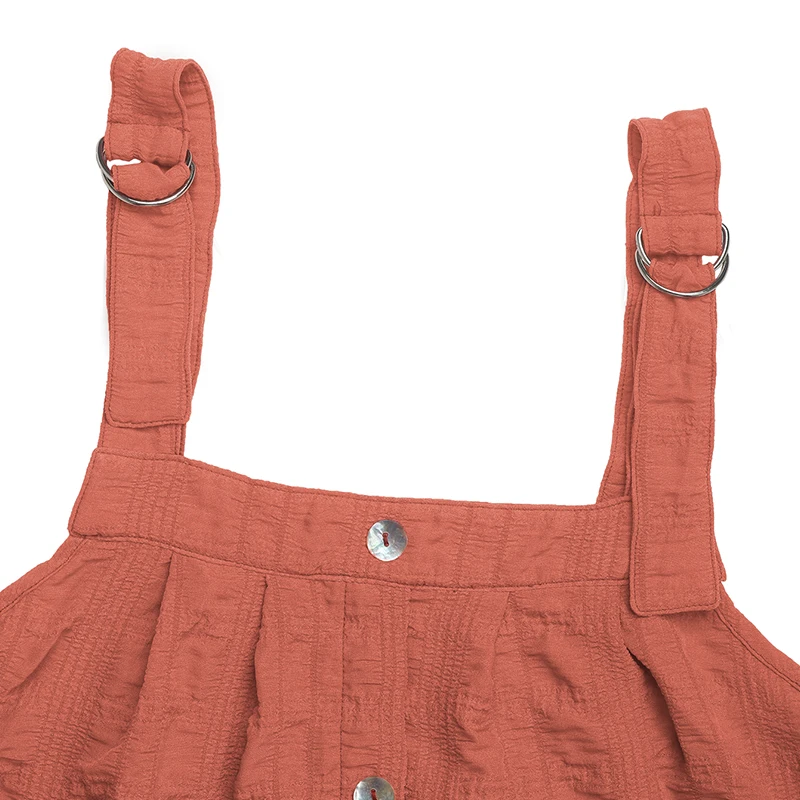 ชุดเดรสสตรีสีชมพูแขนกุดติดกระดุมด้านหน้าชายกระโปรงระบายพร้อมกระเป๋าสายรัดปรับได้ชุดเดรสมินิสไตล์โบโฮลำลองสำหรับฤดูร้อน