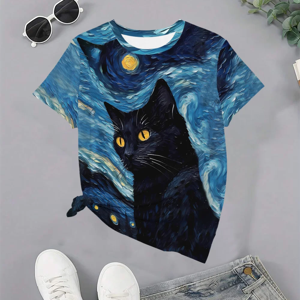 

Starry Night Cat Print Women's Blue And Black T-shirt - Casual Fashion Art Style Summer Round Neck Short Sleeve