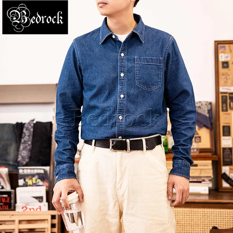 Blue 8.5oz Denim Shirt Men Long Sleeve Loose Amekaji Vintage Workwear 60s Original Denim Jacket Pure Cotton Lapel Tops