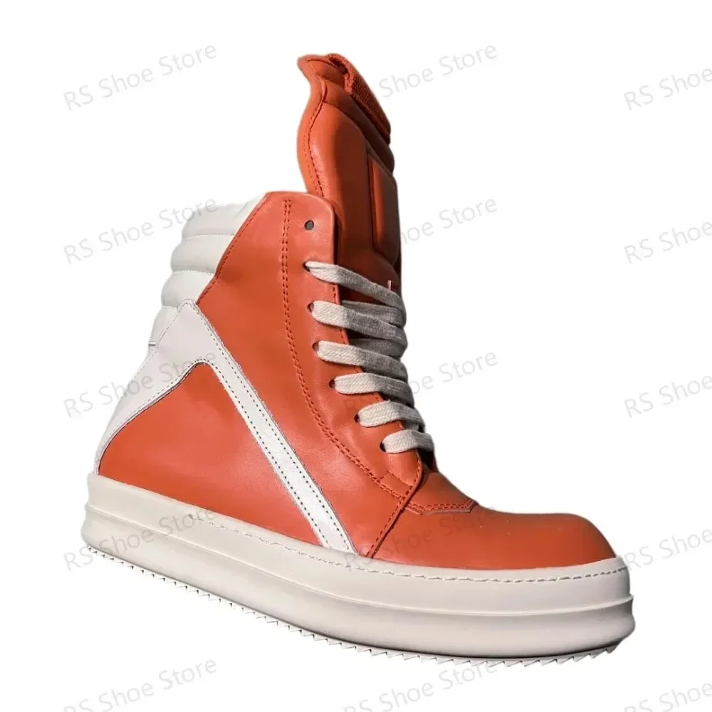 

Ro Men Shoe Orange Leather Ankle Boot Outoor Boots High Top Casual Shoe Zipper Women Sneaker Flat Cowhide Sneakers