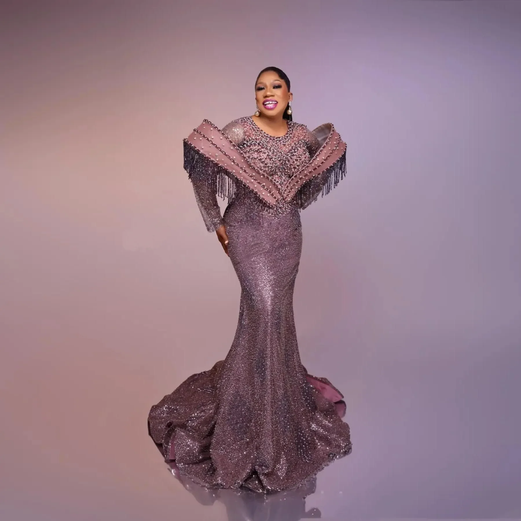 

Роскошное вечернее платье с бахромой и бисером, формальное платье Aso Ebi с рукавами-иллюзиями, длинное вечернее платье-русалка с бусинами и пайетками