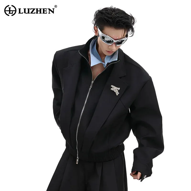 LUZHEN Men's Clothing Fake Two Piece Spliced Shoulder Padded Jacket High End American New Autumn Solid Color Coats Male LZ5320