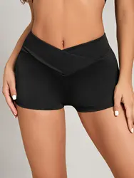 Women's Gym Shorts Cross Waist Sport Fitness High Elasticity Yoga Tights with Side Pockets High Waist Solid Fashion Sweatpants