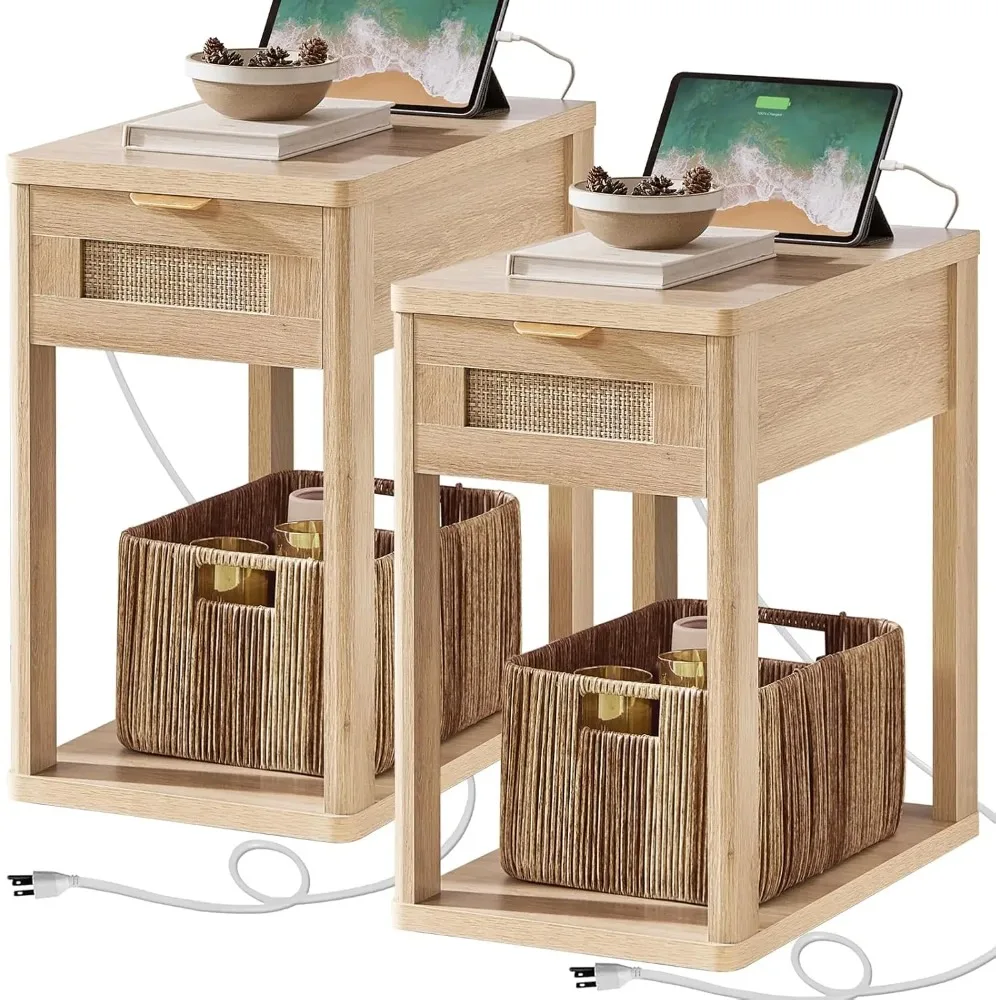 

Narrow Side Table Set 2, 24x14'' Rattan Night Stand with Charging Station Drawer Storage,Natural Wood Bedside End Table