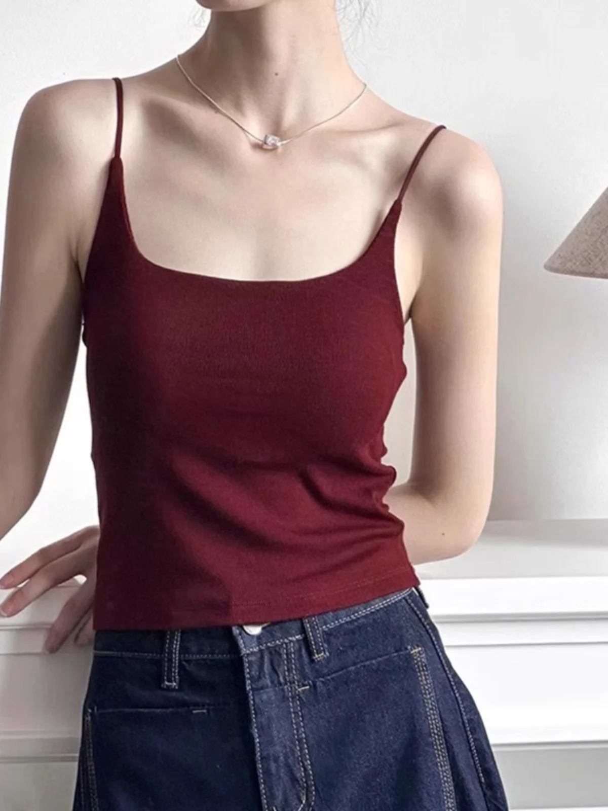 Red Spicy Girl Strap Vest Women's Outerwear Beautiful Back Bra Integrated Bra Base Layer Inner Match with Chest Pad Back Expo...