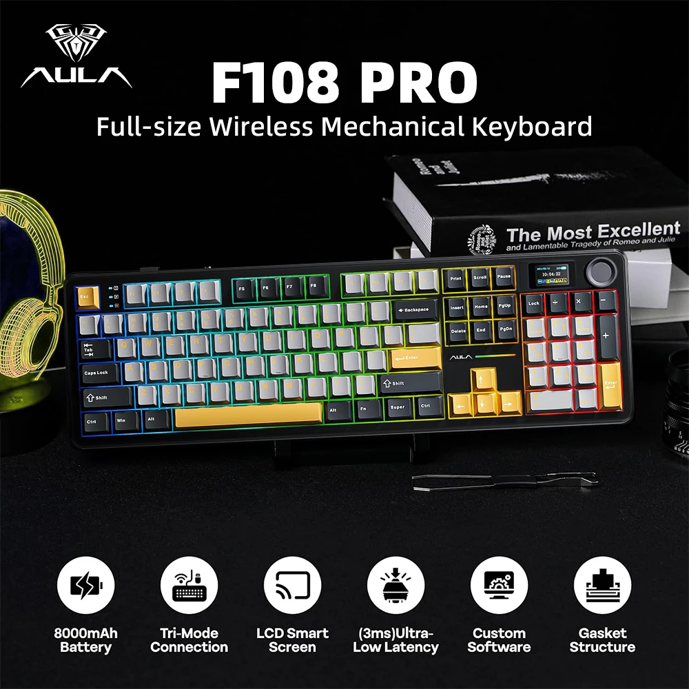 AULA F108 Pro Full Size Wireless Mechanical Keyboard Hot Swap Gasket Bluetooth/2.4G/USB RGB TFT Smart Display Knob Esports