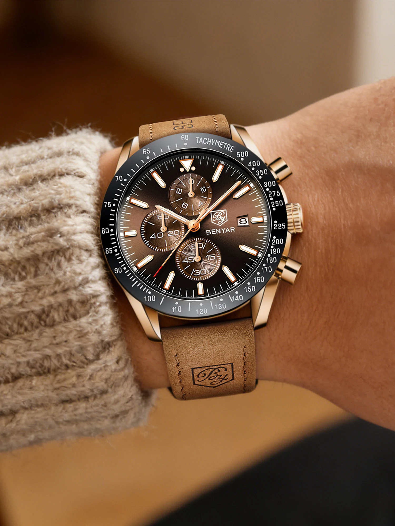 BENYAR Herren Analog Chronograph Sportuhr Edelstahl Präzisionsquarz Leuchtzeiger Datum wasserdicht multifunktionell Armbanduhr Stoppuhr Business Geschenk