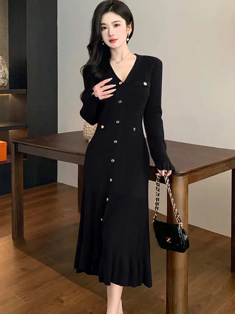 Autunno inverno nero lavorato a maglia monopetto abito lungo donna elegante Casual maglione arruffato vestito 2024 coreano Vintage Prom Dress