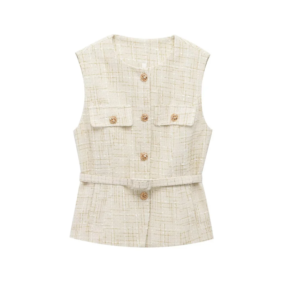 2025 BM MD ZA Women's Sleeveless Tweed Vests in Navy and Cream with Gold Buttons and Belt Details Chic and Versatile Tops