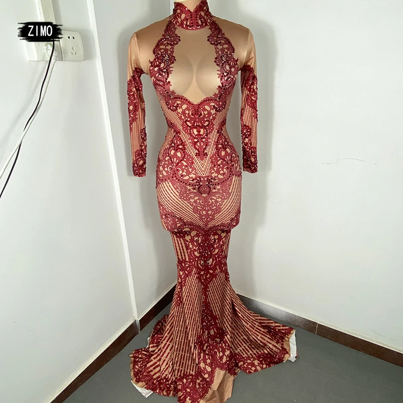 

Elegant dress Mermaid rhinestone singer stage party club evening wedding birthday women red Dress drag queen costumes designer