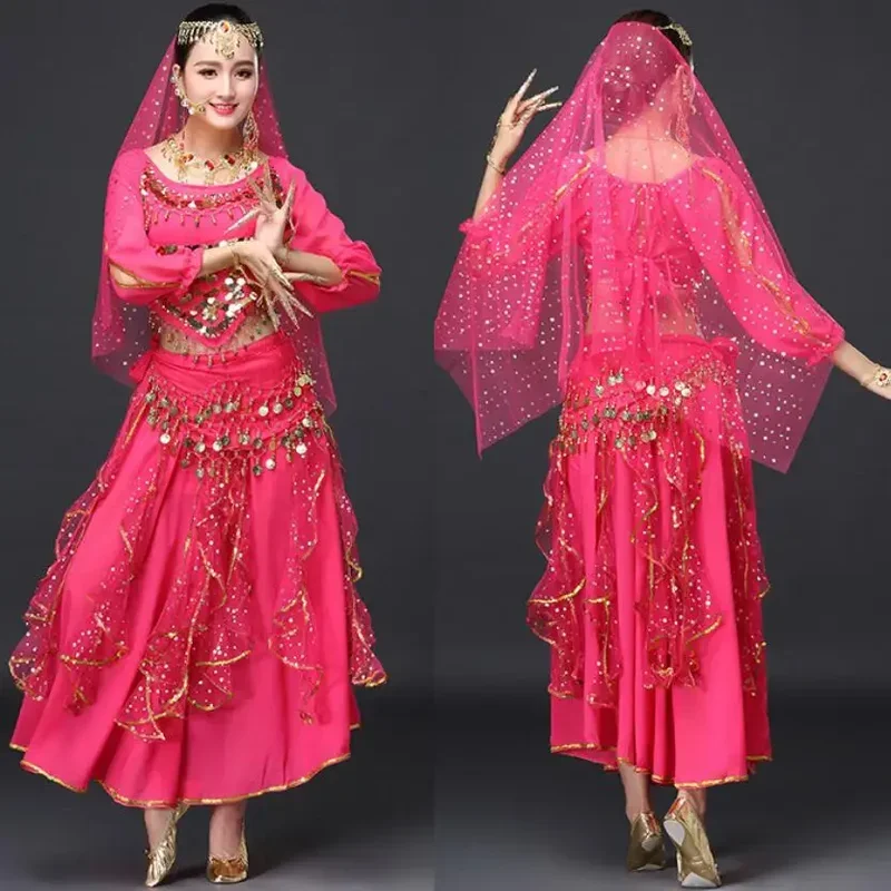 Bollywood Sequin Costumes Adult Indian Belly Dance Women Short Sleeve Chiffon Set