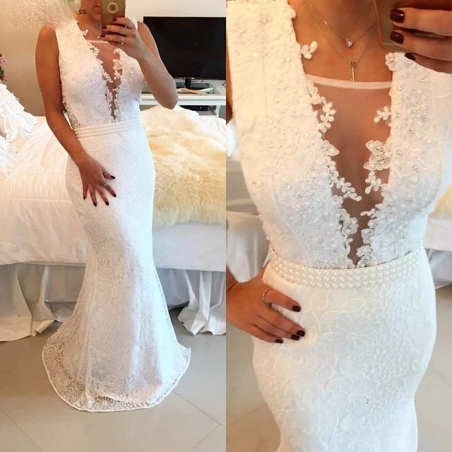 

ANGELSBRIDEP Lace Mermaid Wedding Dresses Robe de mariee Sexy Deep-Neck Applique Vestido De Noiva Formal Bride Gowns HOT