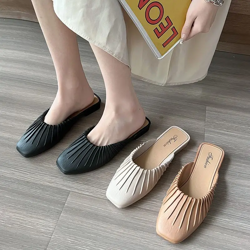 Mules Shoes Bedroom Slides Summer 2024 Women's Slippers and Ladies Sandals Indoor Low Heel Unique Waterproof Korea Style Shoe I