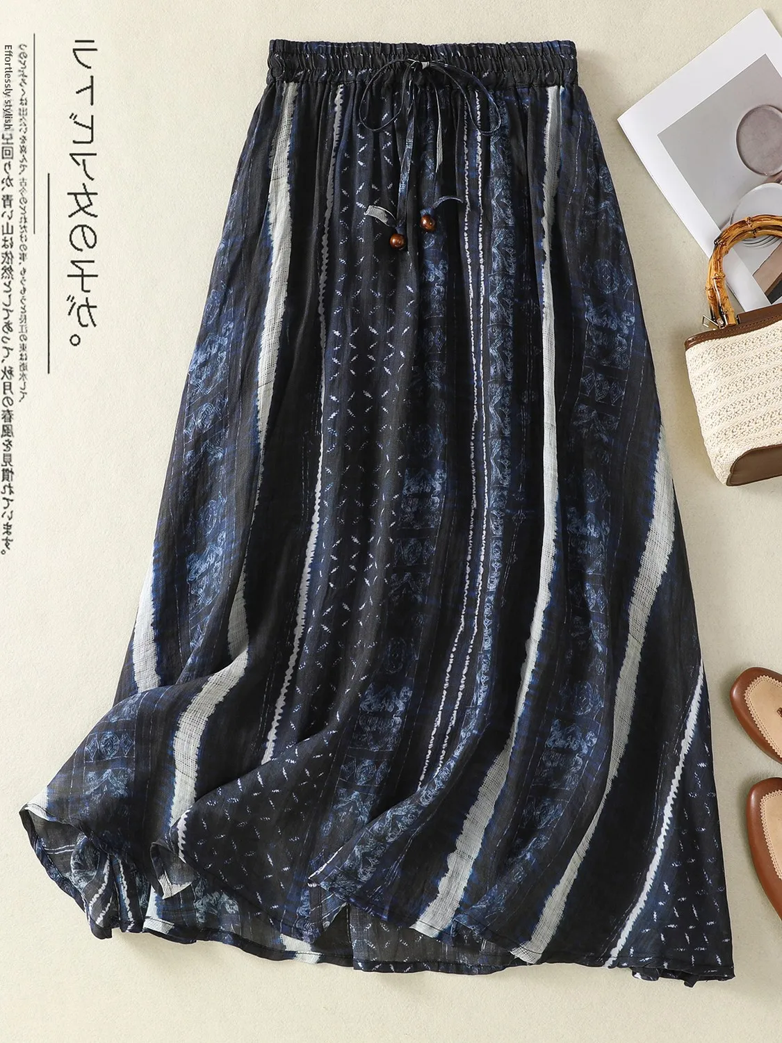 الرجعية التعادل صبغ مخطط الكتان f تنورة المرأة الصيف العرقية عالية الخصر ثنيات التخسيس ألف خط القطن الكتان تنورة #1