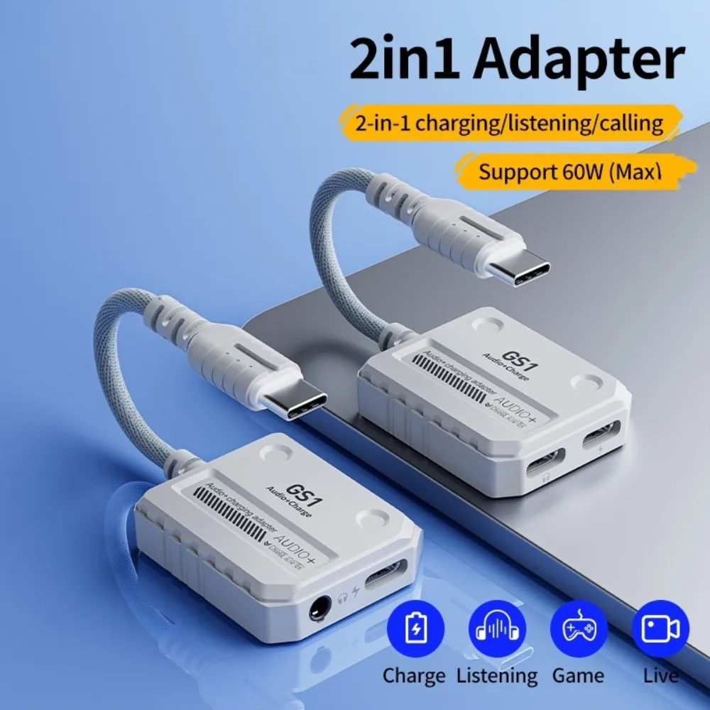 

Type-C Interface 2 in 1 USB C Adapter 3.5MM Double Port 2 in 1 Headphone Converter Fast Charging 60W Audio Adapter