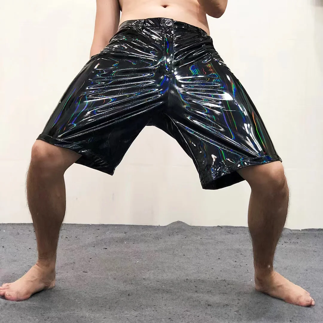 Symphony Mirror Shiny Loose Leather Shorts Men's Large Size S-6XL Nightclub Singer Performance Elastic Soft Patent Baggy Pants