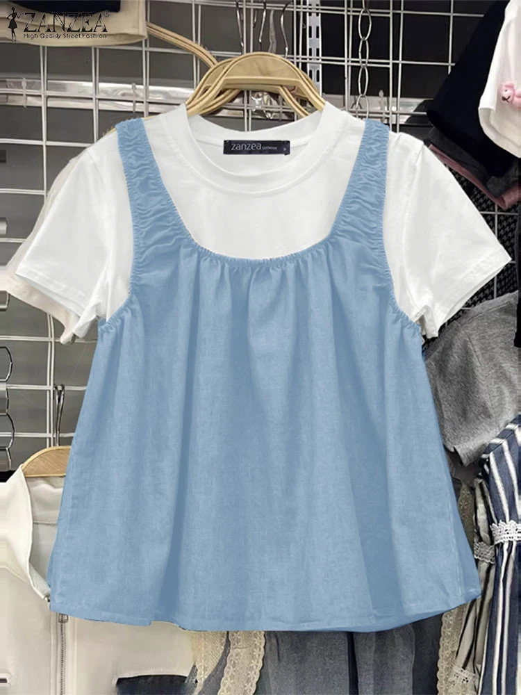 ZANZEA – ensemble deux pièces pour femmes, chemisiers et débardeurs d'été, col rond, manches courtes, couleur unie, chemise de travail élégante, surdimensionnée
