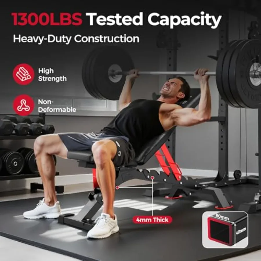 Commercial-grade adjustable weight bench for home gym use steel construction black 1300LBS ccity 34'' extra-long backrest flat/