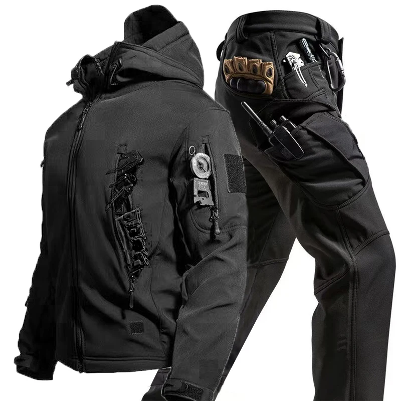 

Military Tactical Men Winter Tracksuit Windproof Cargo Warm Parkas Hiking Camping Casual Hooed Coats Climbing Sportswear Pants