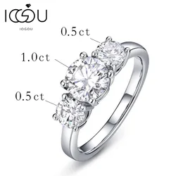 IOGOU Real D Color VVS1 Round 2.0ctw Moissanite 3-Stone Ring 925 Pure Silver Jewelry Certified for Women Wedding Engagement Gift