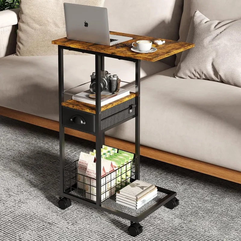 Rolling Vintage Modern Side Table Multi-Functional C-Shaped Compact End Table for Small Spaces Living