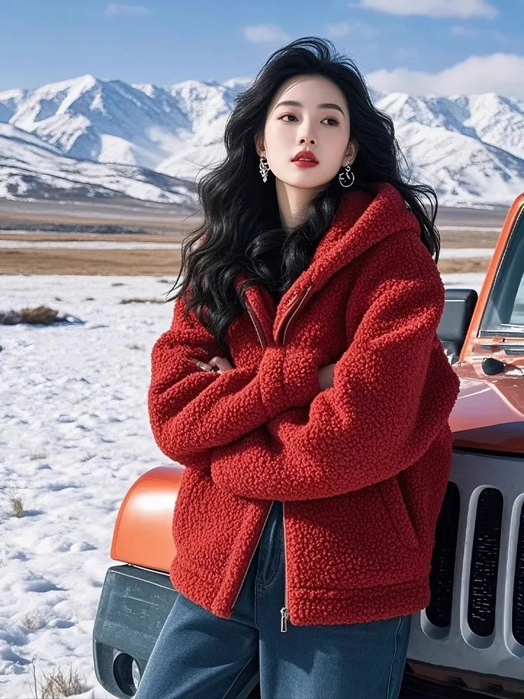 レッドラムファージャケットジッパー付きトップスレディースファションレイジースタイル春秋ハイエンド感暖かい厚手ロングスリーブフーディー