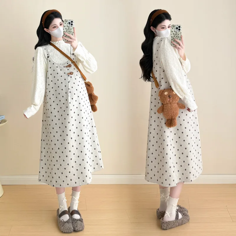 Maternity Suit 2026 Spring Autumn Sweet Cute Loose Comfortable Polka Dot Vest Dress and Sweater Two Piece Set For Pregnant Women
