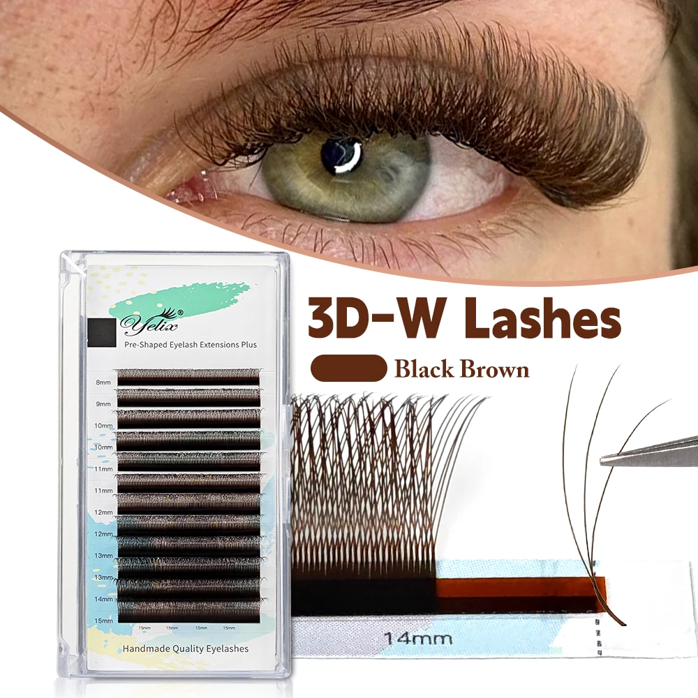 Yelix Black Brown Narrow 3D W Eyelash Extensions Premade Volume Natural Soft Mixed Length Lashes for Salon Beginners
