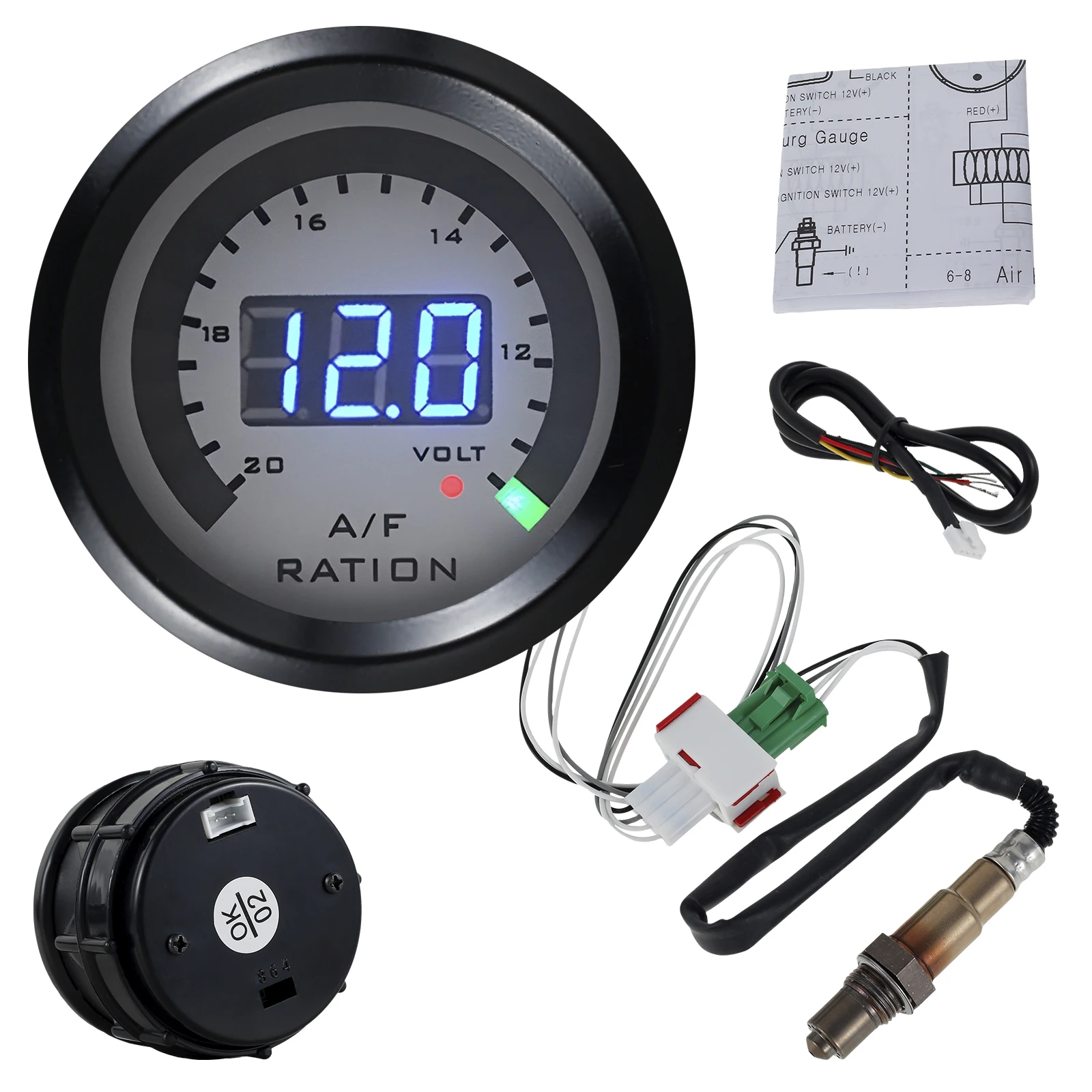 Universal 12V 52MM Air Fuel Ratio Gauge Ultra-Thin Round S-Serie LED Digital Display w Wideband O2 Oxygen Sensor Air Fuel Gauge