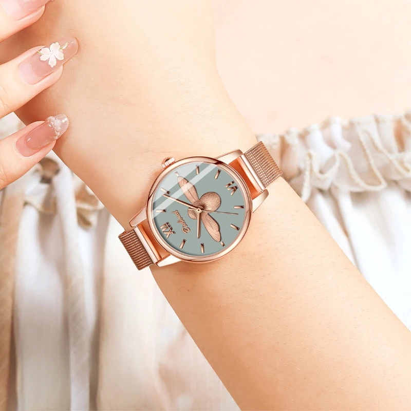 Fashion Waterproof Quartz Women Watch 3D Replica Bee Wings Animal Design Stainless Steel Strap Small Round Dial Gift