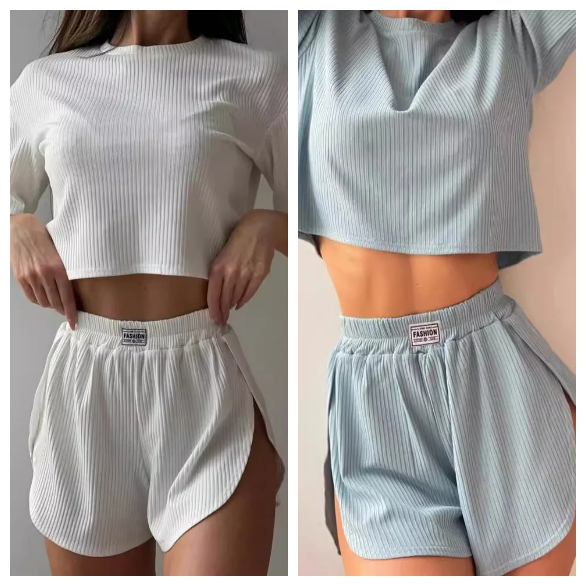 Linad Knitted Pajamas For Women 2 Piece Sets Loose Short Sleeve O Neck Crop Top Casual Female Suits With Shorts Summer Sleepwear