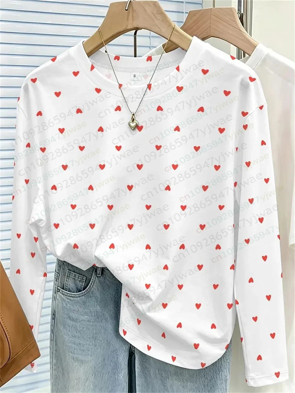 Herbstliches Damen-T-Shirt mit Herzmuster und Schleife, gestreift, lässig, langärmelig, Rundhalsausschnitt, locker geschnitten, atmungsaktiv, hochwertiges, vielseitiges T-Shirt – Detail 10