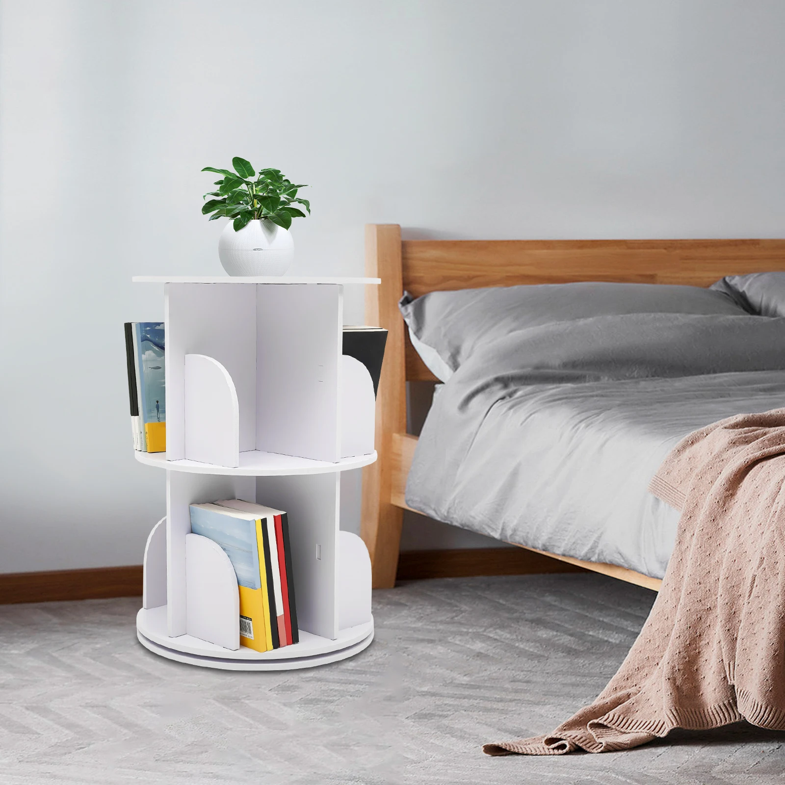 

2 Layers Rotating Bookshelves, Freestanding Storage Shelf, 360° Open Bookcase Nordic Style Bookshelf Organizer Capacity 100kg