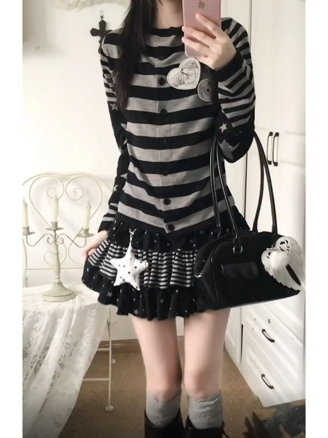Y2K Korean Streetwear 2 Piece Set Women Striped Star Print Heart Patch Long Sleeve Top Ruffle Hem Mini Skirt Slim Fit Casual