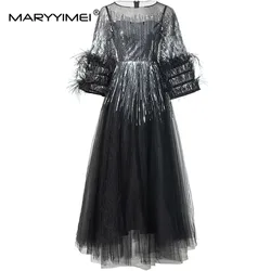 MARYYIMEI Women's Elegant Gorgeous Ball Gown Dress Mesh Sequins Long-Sleeved Feathers Autumn and Winter Party evening Dresses