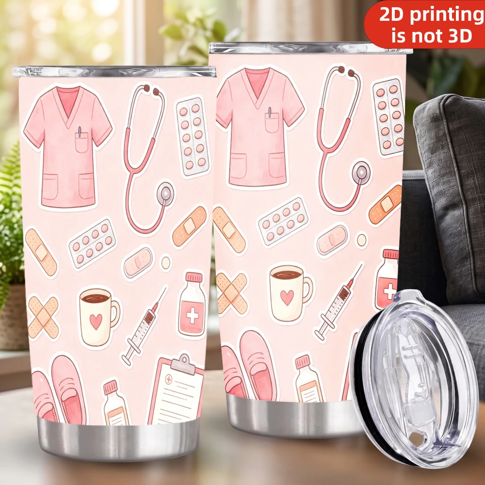 20oz Cute Nurse Life Medical Printed Stainless Steel Tumbler with Lid and Straw, Pink Watercolor Scrubs Stethoscope Medical Assistant Vacuum Insulated Travel Mug Gifts