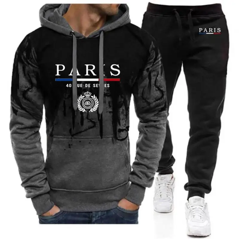 2024 Spring Autumn Men\'s PARIS Logo Print Hooded Tracksuit Casual Gradient Color Hoodies+Fashion Jogging Sweatpants Cotton Sets