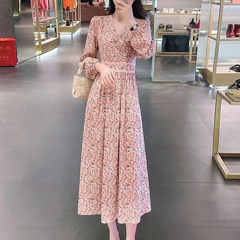 Spring New V-neck Fashion Puff Sleeve Midi Dress Women Cute Elegant Printing Lacing Dresses Lower Back All-match Y2K Vestidos