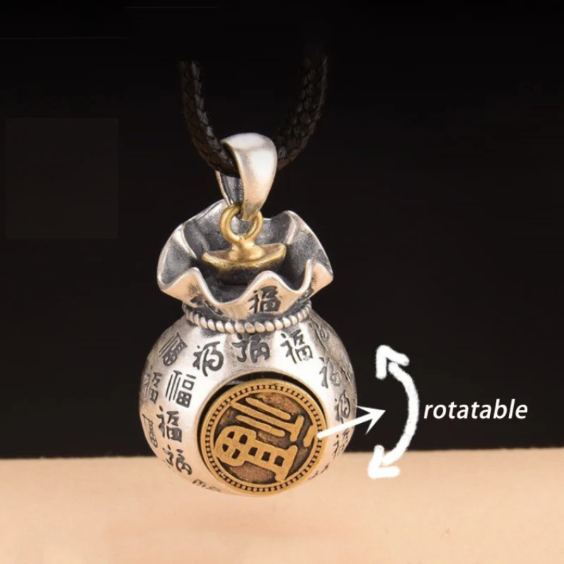 Silver 925 ethnic style Fu character bag pendant retro rotatable braided necklace men's and women's banquet jewelry gifts