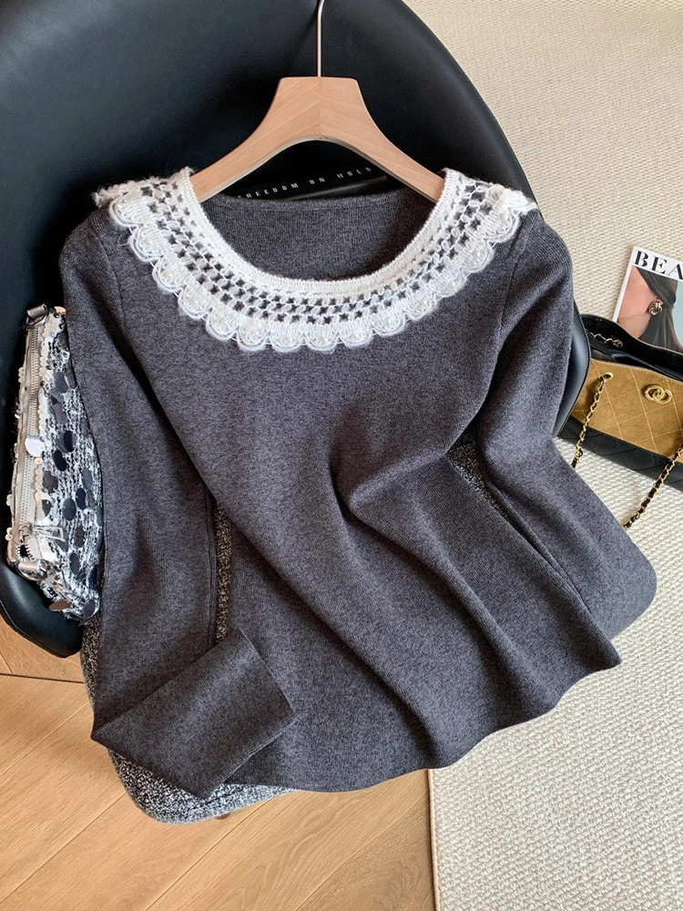 Hollow out lace doll neck knitted sweater women autumn and winter chic small fragrance style temperament elegant base top